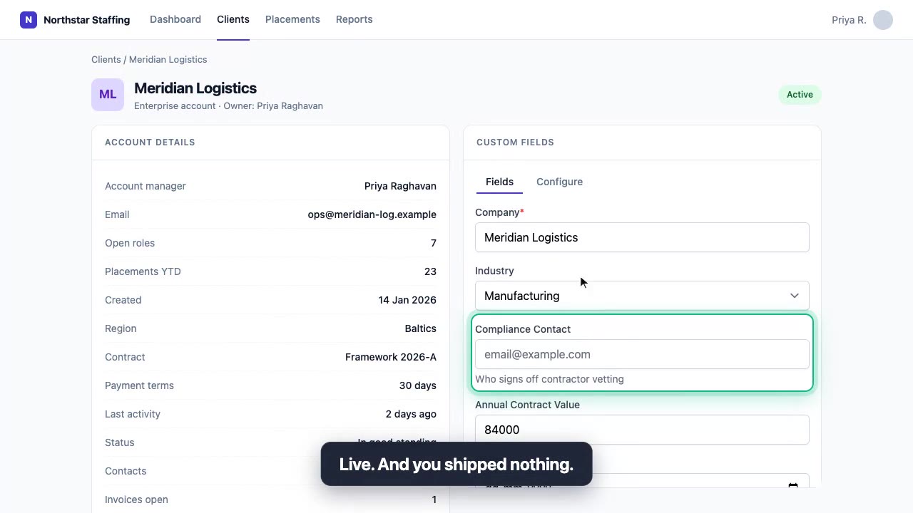 Kopra demo: a custom field appearing inside a staffing platform